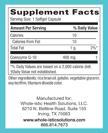 Nutrtitional Facts for CoQ10 by Whole-istic Solutions