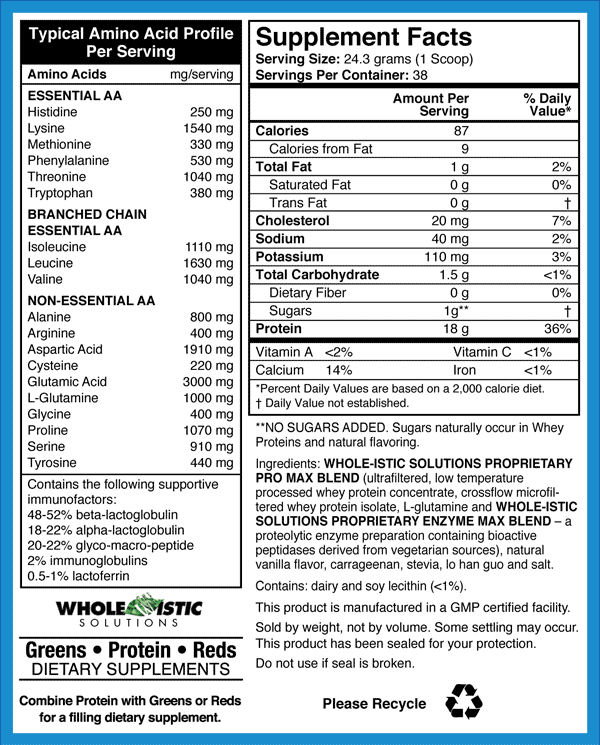 Nutrtitional Facts for Vanilla Whey Protein by Whole-istic Solutions